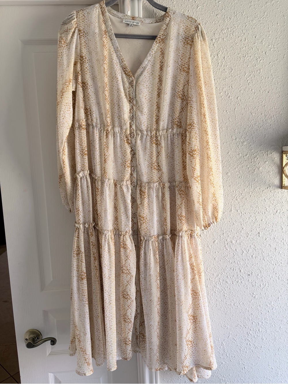 Moon River Cream Maxi Dress with Gold Snake-Print